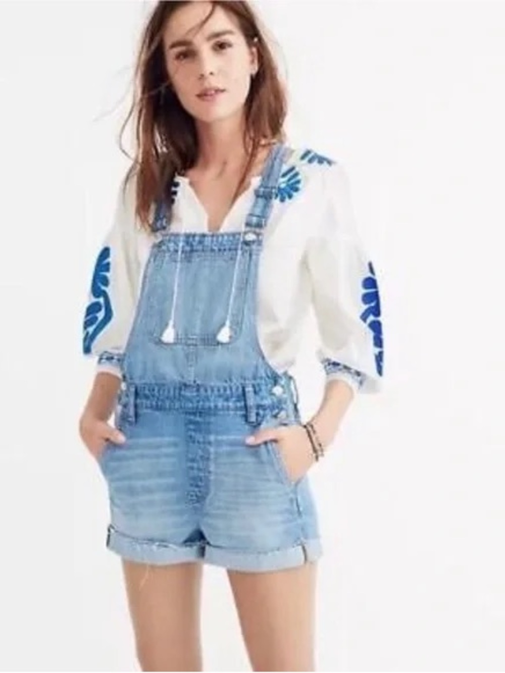 Madewell Shortalls Large Blue Denim Overall Shorts Adirondack Bib Raw Hem